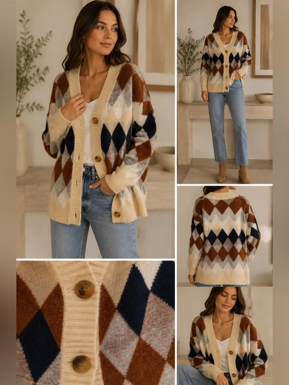 Listicle Oversized Medium Argyle Cardigan Fuzzy Cozy Sweater